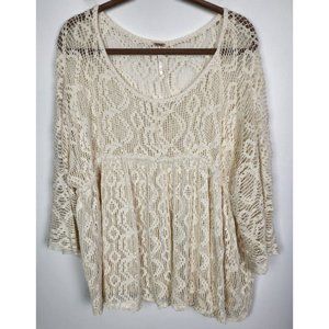 Free People Women's Sz. XS/S Ivory V Neckline 3/4 Sleeve Crochet Tunic Top
